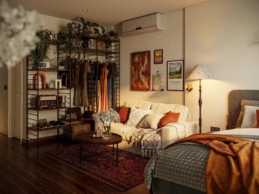 Cozy Amber Living Studio 3DCG ArchViz